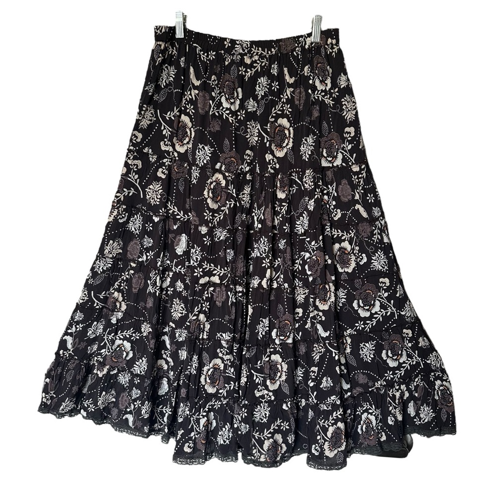 Vintage Indira Brown Floral Rayon Hippie Boho Tiered Skirt size Medium